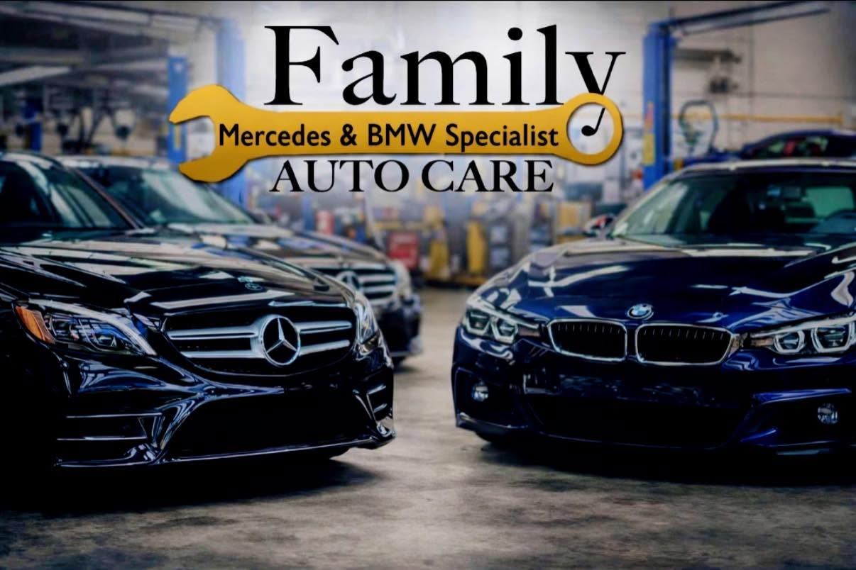Mercedes-Benz and BMW vehicles inside the Family Auto shop